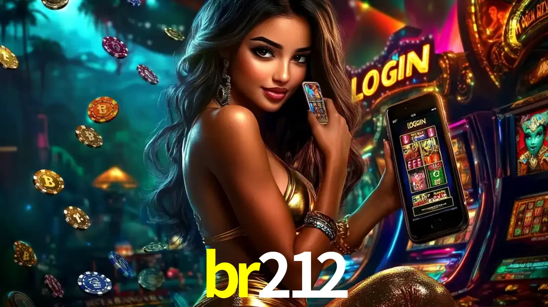 Mulher em um cenário de cassino temático de aventura, mostrando o app de caça-níqueis da br212 no celular. Fichas de apostas flutuam ao redor.