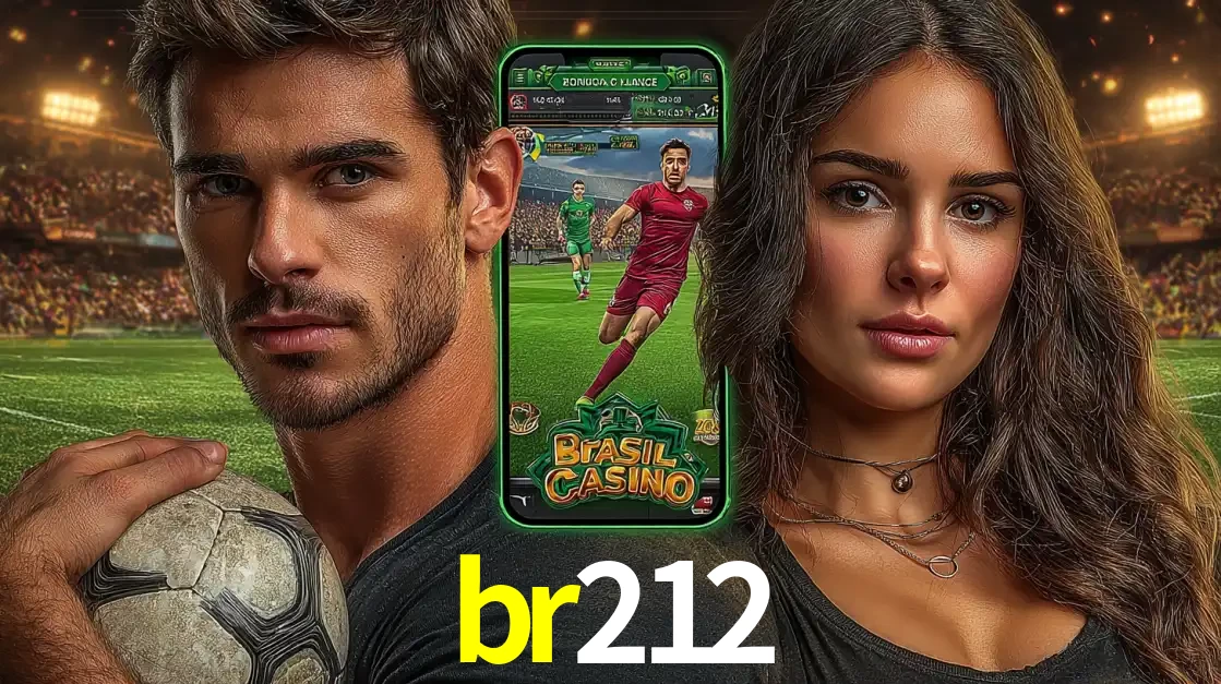 Homem segurando uma bola de futebol e uma mulher ao lado de um smartphone exibindo o jogo de apostas esportivas da br212. Faça seu palpite no cassino online.